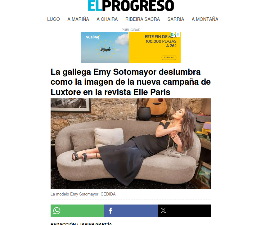 La gallega Emy Sotomayor deslumbra como la imagen de la nueva campaña de Luxtore en la revista Elle Paris